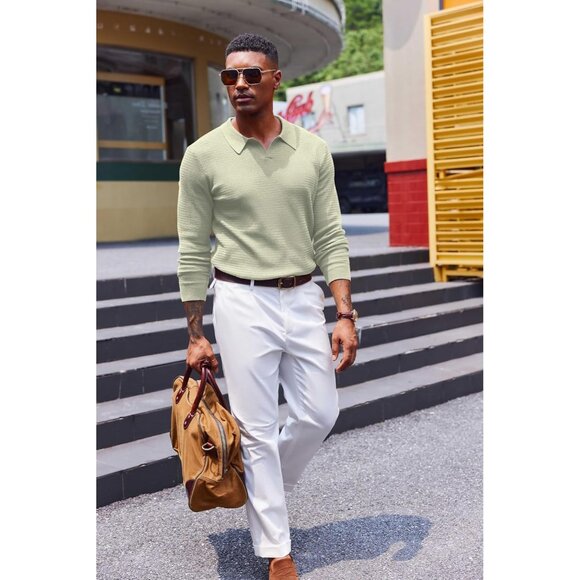 Men's Knit Polo Sweater V-Neck Long Sleeve Dress Pullover Fall Sweater Celadon - Picture 2 of 5